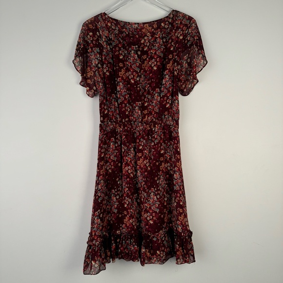 Sundance Dress Midi 100% Silk Floral Burgundy Tulip Sleeve Romantic Boho Size S - Picture 4 of 12